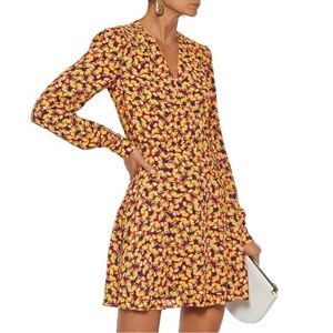 Saloni Lea Floral Saffron Long Sleeve Wrap Mini Dress Sz 4 Print Viscose